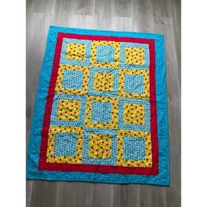 Handmade Quilt, ladybug daisy, Blue yellow red, child, baby, blanket